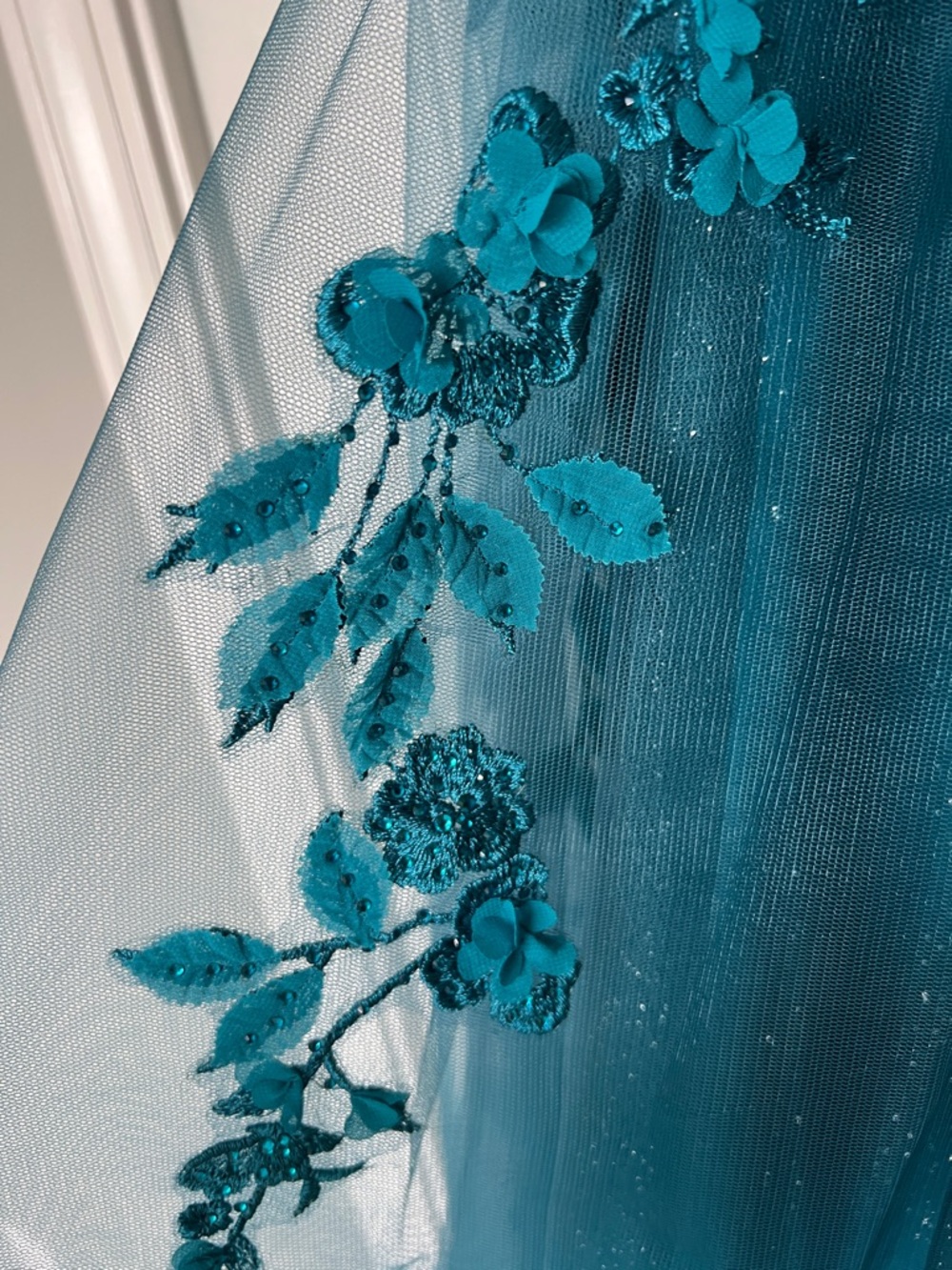 Teal Floral Embellished Tulle Gown good for Prom or Formals. Only worn once - Picture 7 of 12